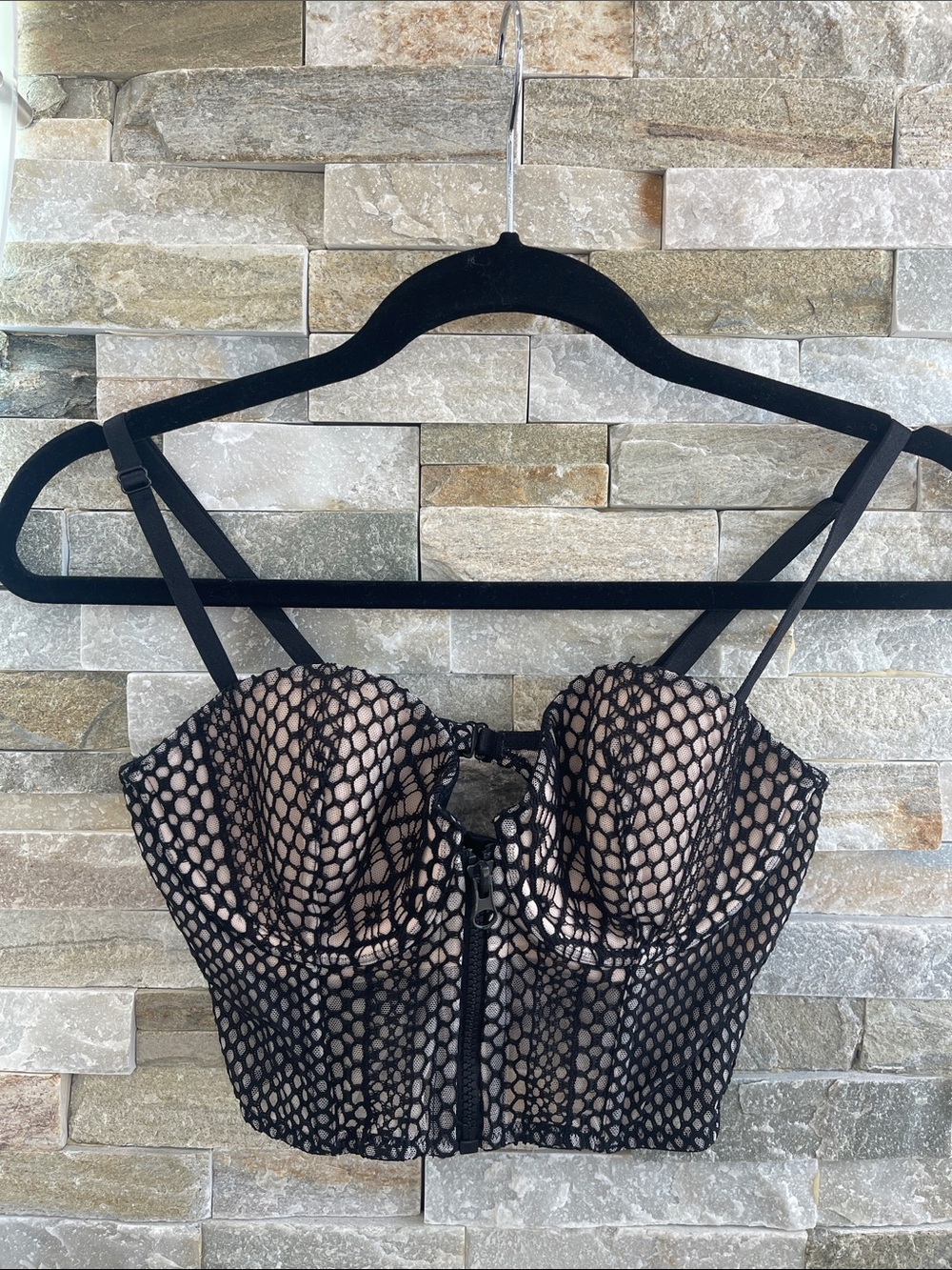 Victoria's Secret Black Mesh Overlay Bustier with Nude Lining